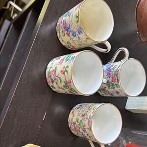 Fine Floral Porcelain Tea Cups in Cream with Pink & Blue Flowers